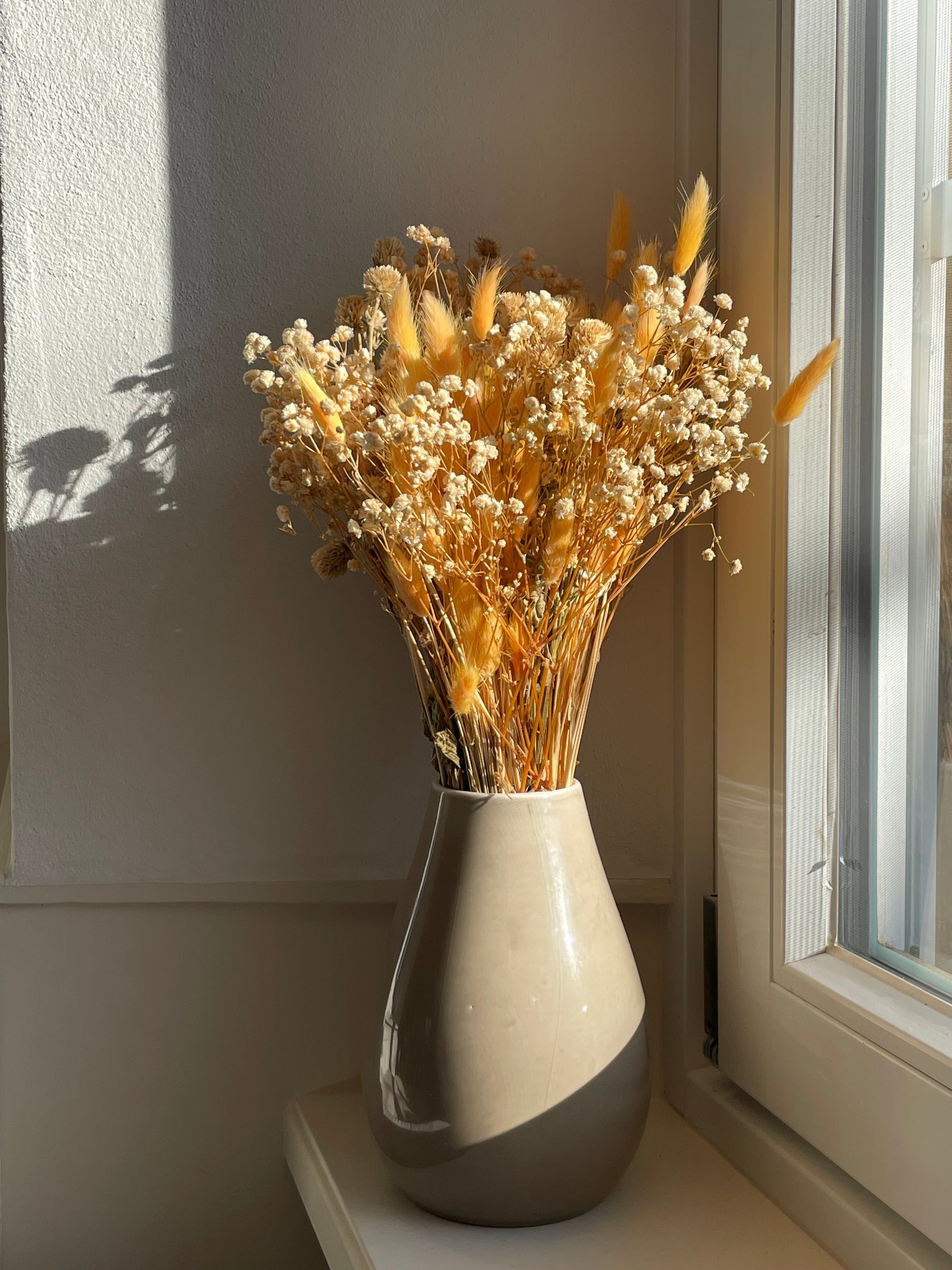 Trockenblumen in Vase auf Fensterbrett Dekoration